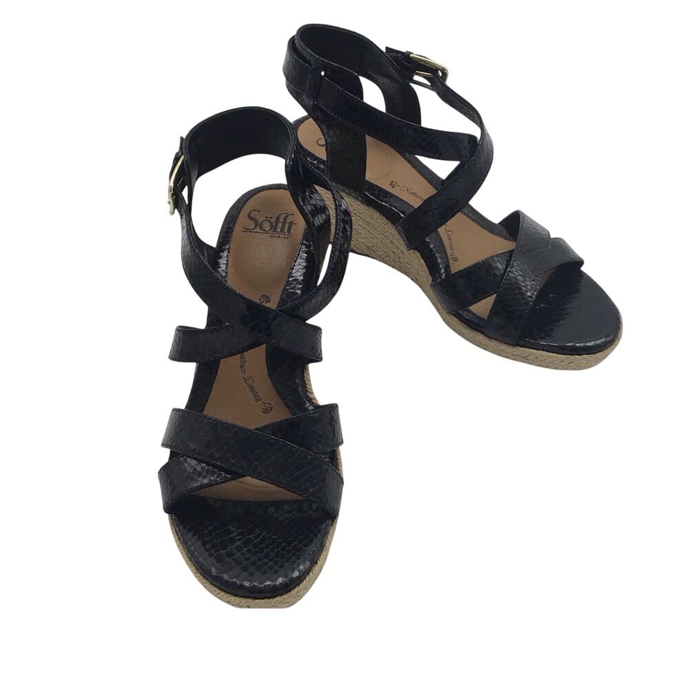 SOFFT Black Croc Embossed Faux Leather Espadrille Wedge Strappy Sandals
